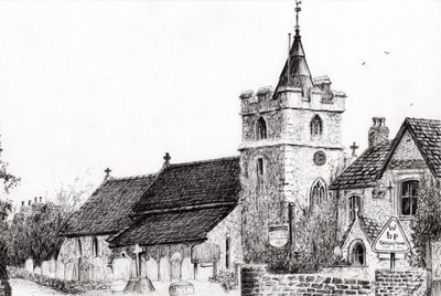 Brighstone Church I.O.W., 2008, (blæk på papir) af Vincent Alexander Booth